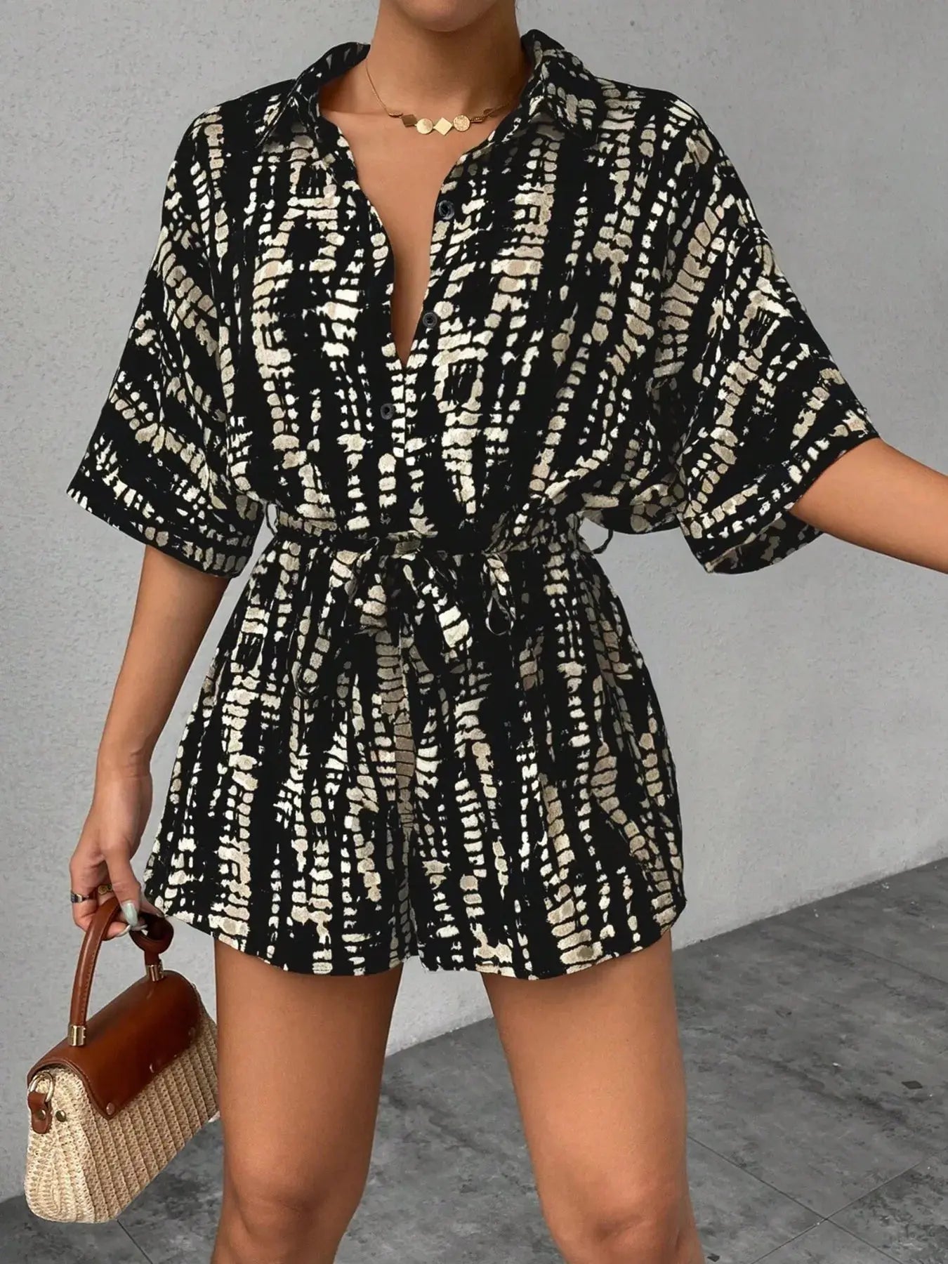 Tie Dye Print Collar Neck Short Sleeve Romper.