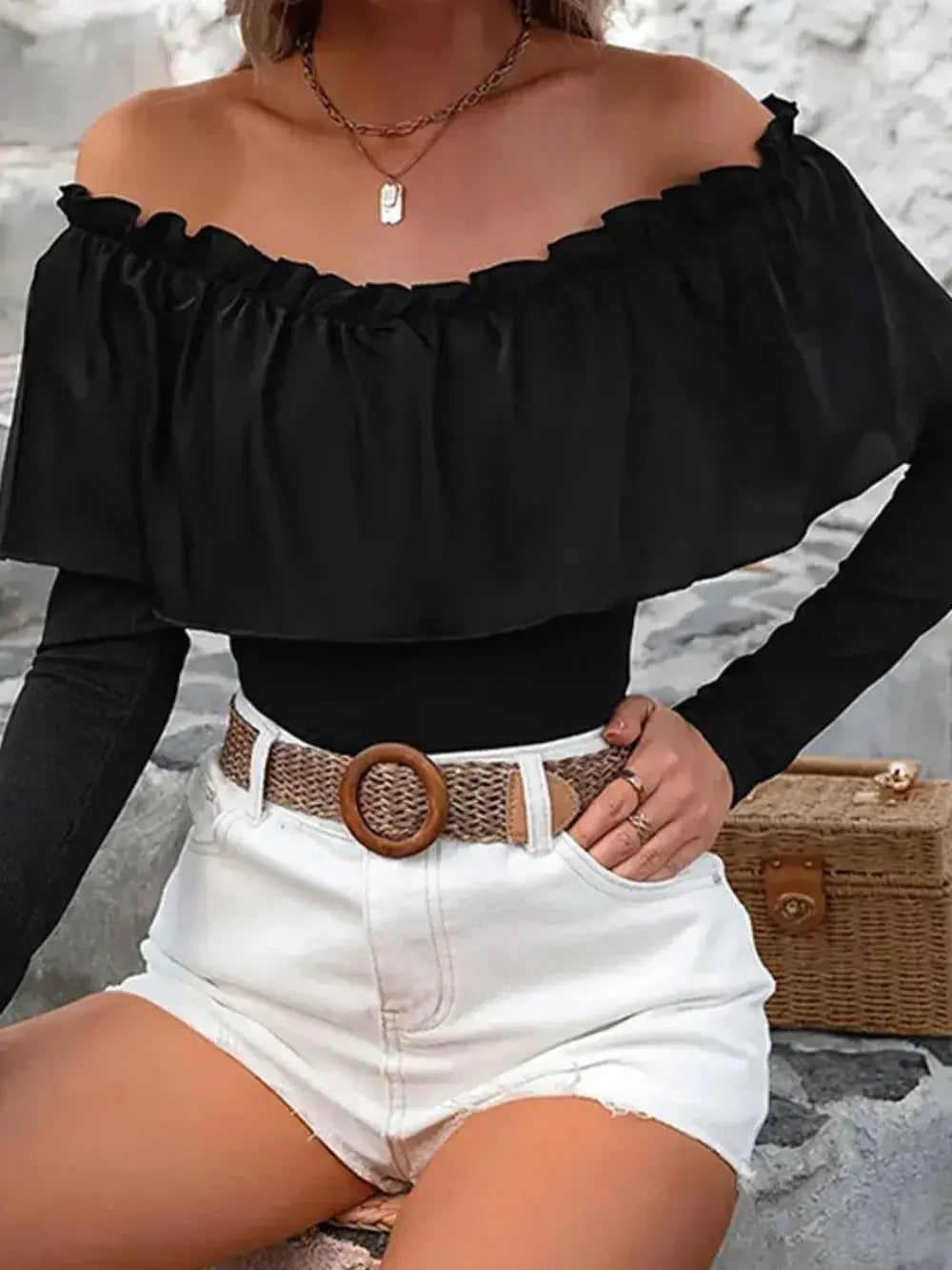 Ruffled Off-Shoulder Long Sleeve Blouse.