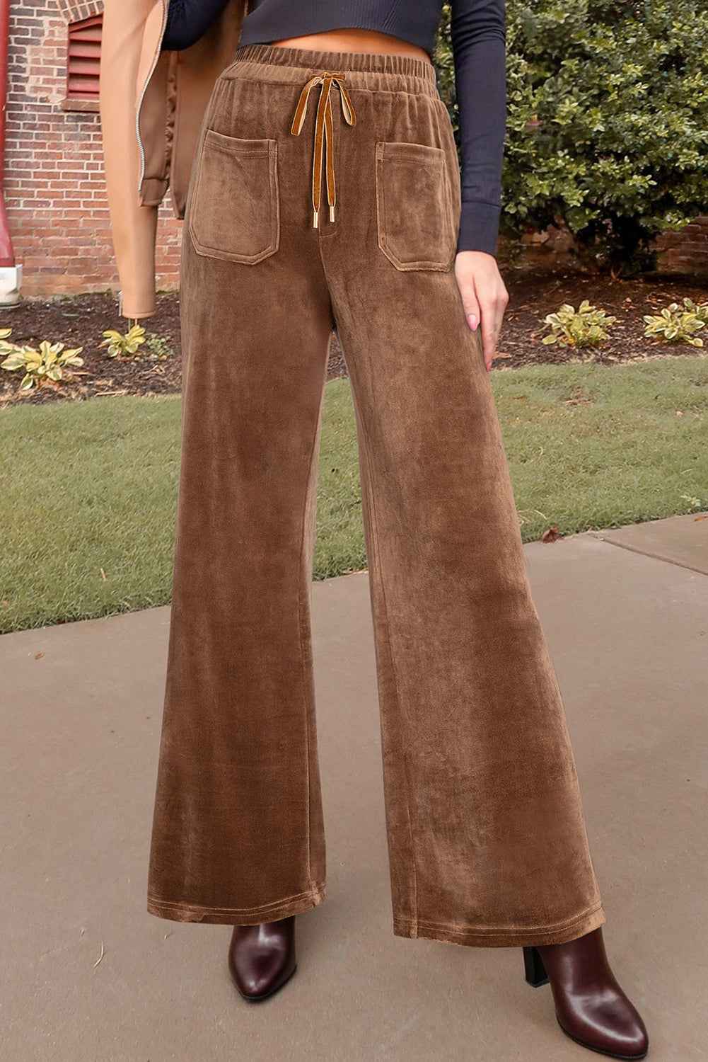 Coffee Straight Loose Drawstring Elastic High Waist Fleece Pants