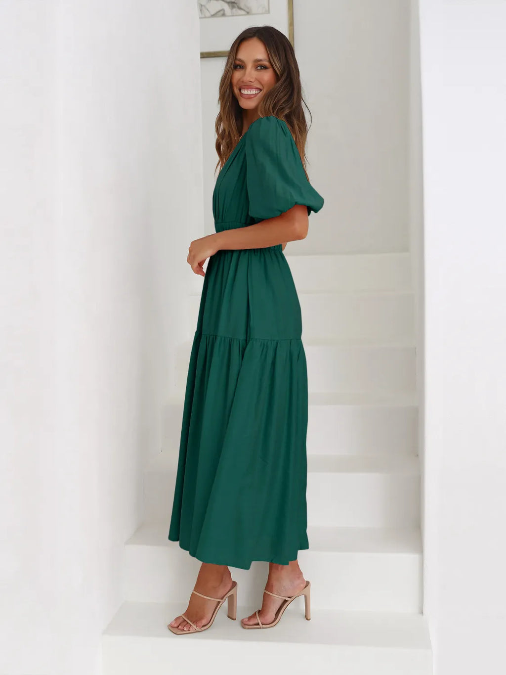 Tiered Surplice Half Sleeve Midi Dress.