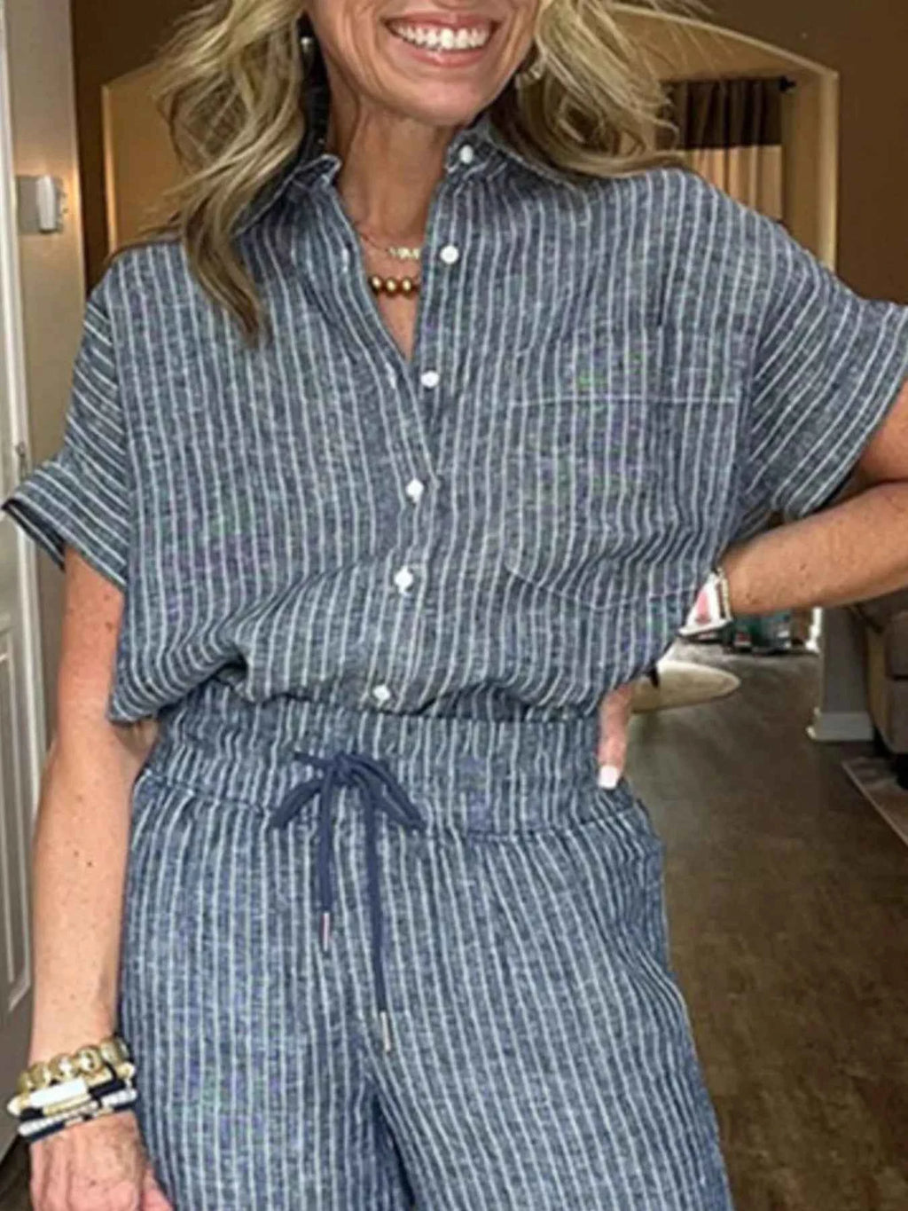 Full Size Striped Button-Up Shirt and Wide Leg Pants Casual Set Plus Size.