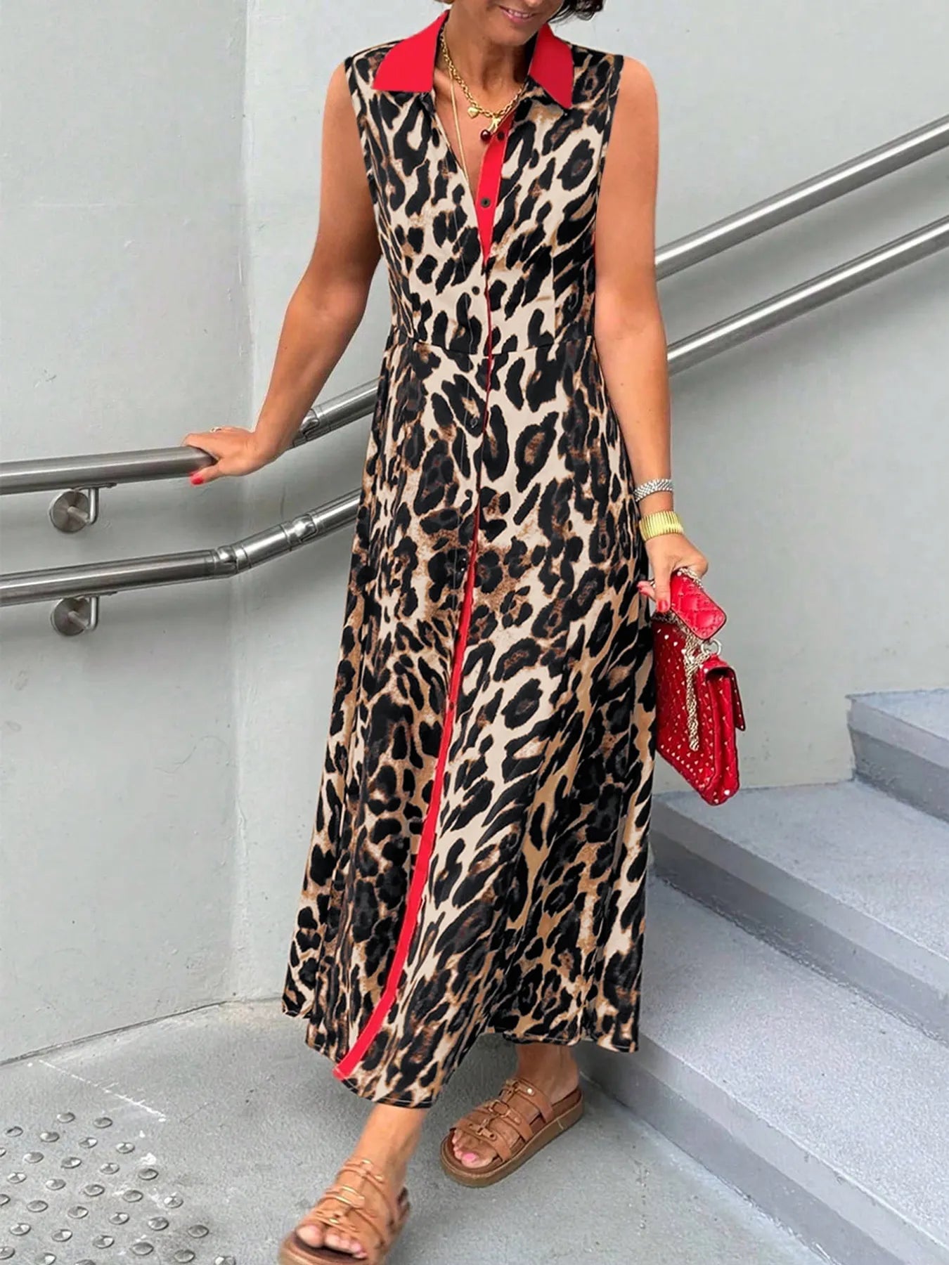 Plus Size Leopard Print Sleeveless Maxi Dress.