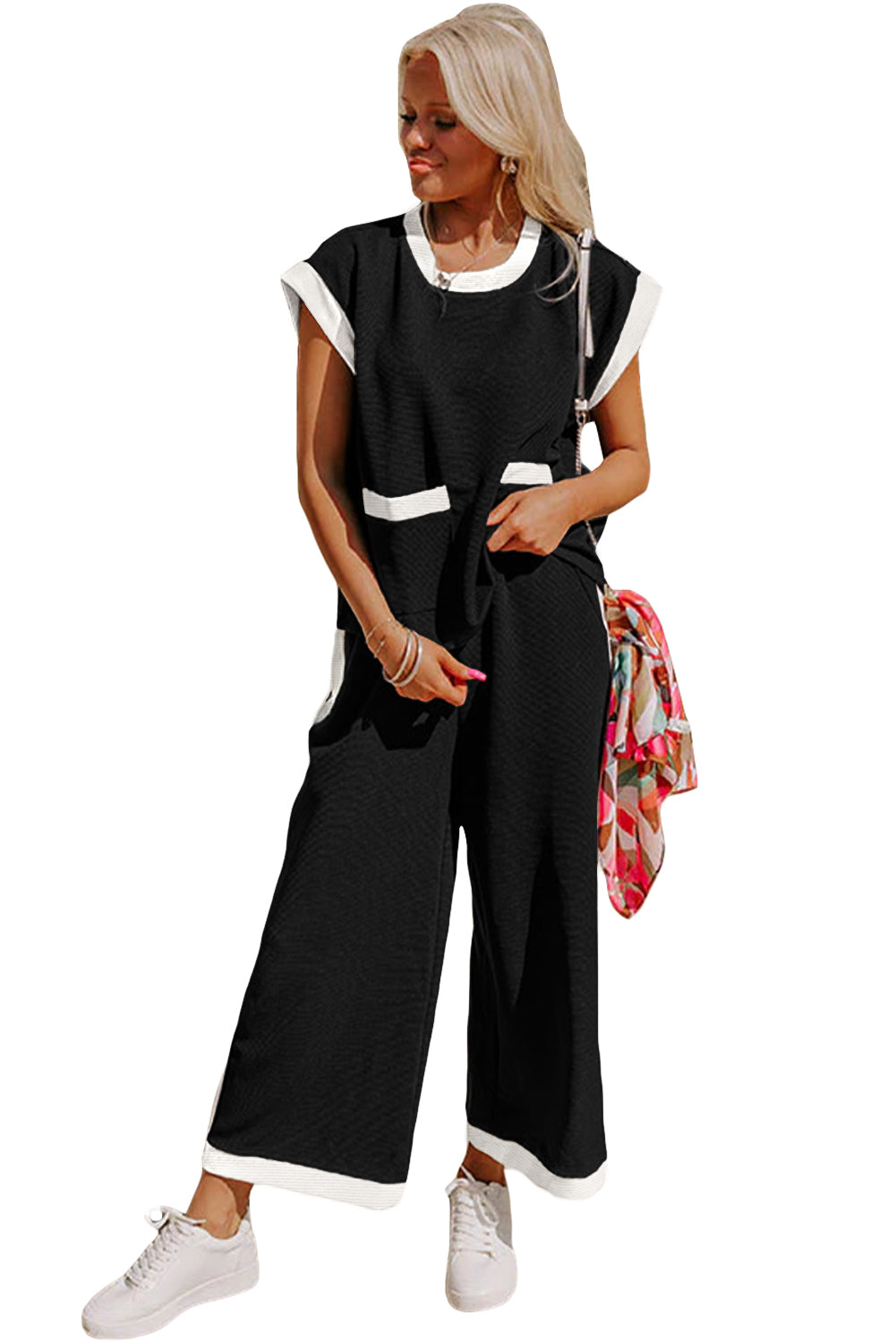 Black Color Block Pocketed T Shirt and Wide Leg Pants Set Dear-Lover Dropshipping
