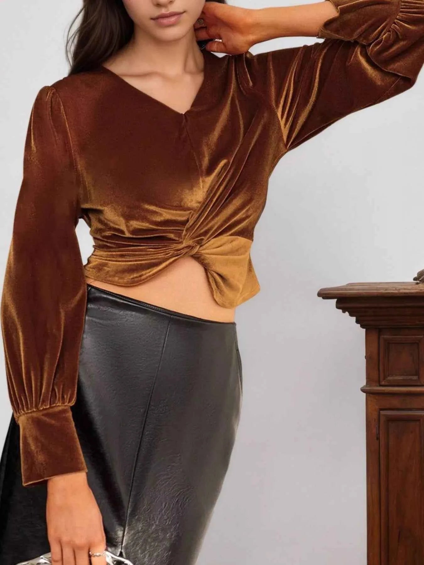 Twisted V-Neck Long Sleeve Blouse.