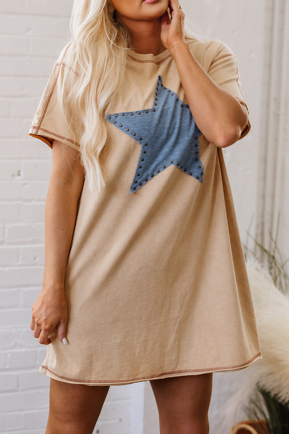 Pale Khaki Mineral Wash Stud Beaded Star Graphic Pocketed T Shirt Dress Dear-Lover Dropshipping