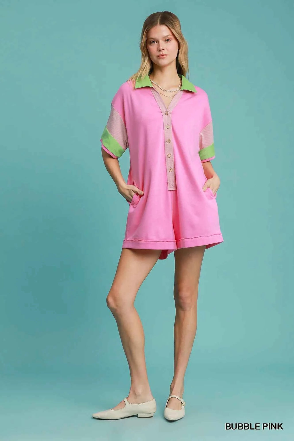 Umgee Contrast Trim Button Front Romper
