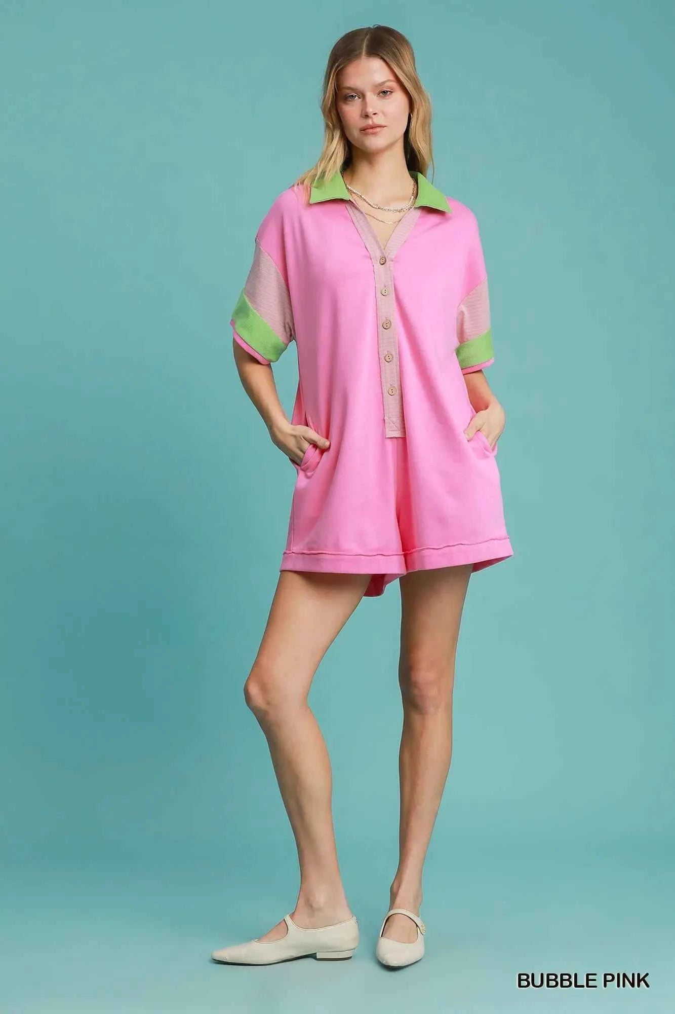 Umgee Contrast Trim Button Front Romper
