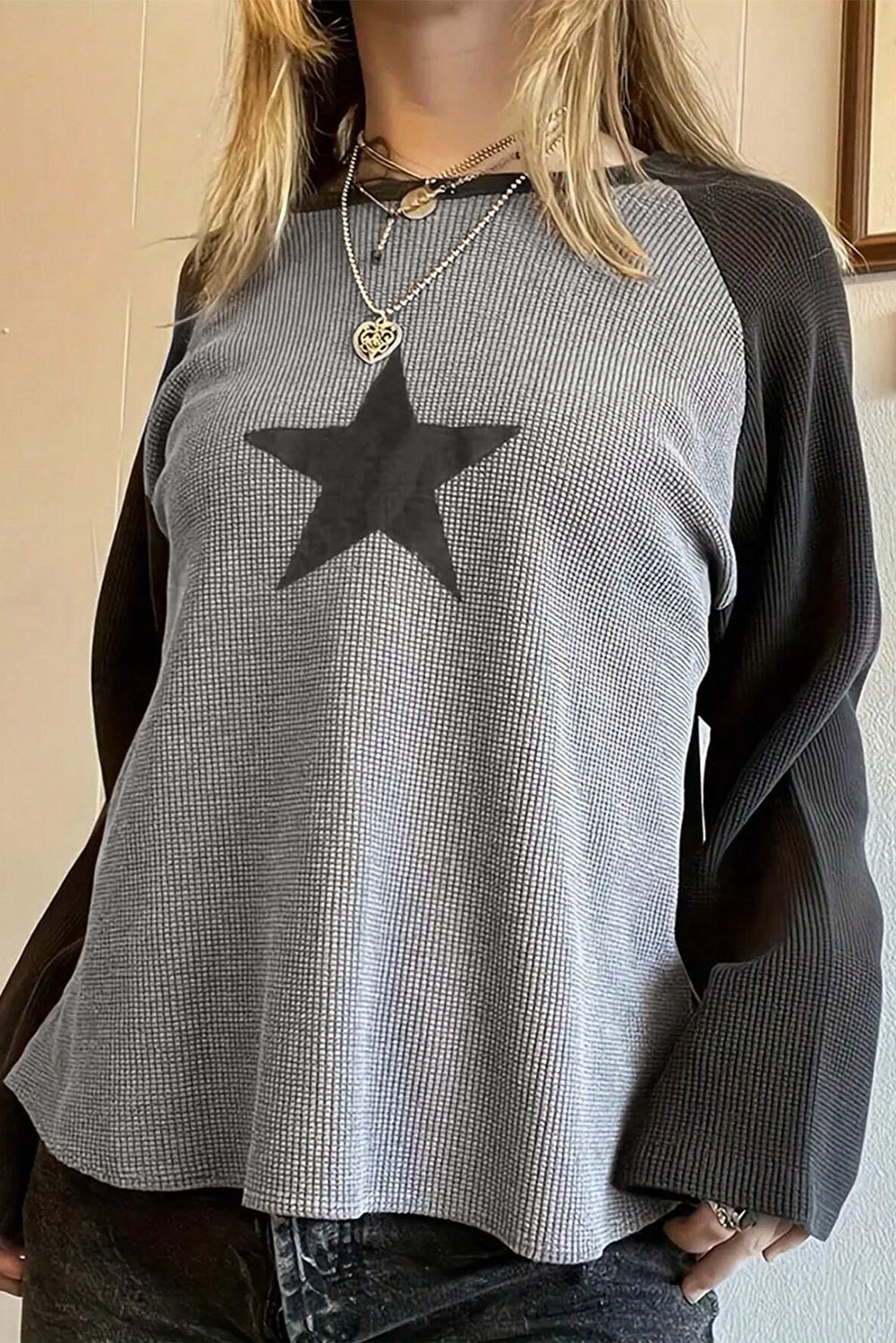 High Waffle Knit Colorblock Star Patch Graphic Raglan Top Dear-Lover Dropshipping