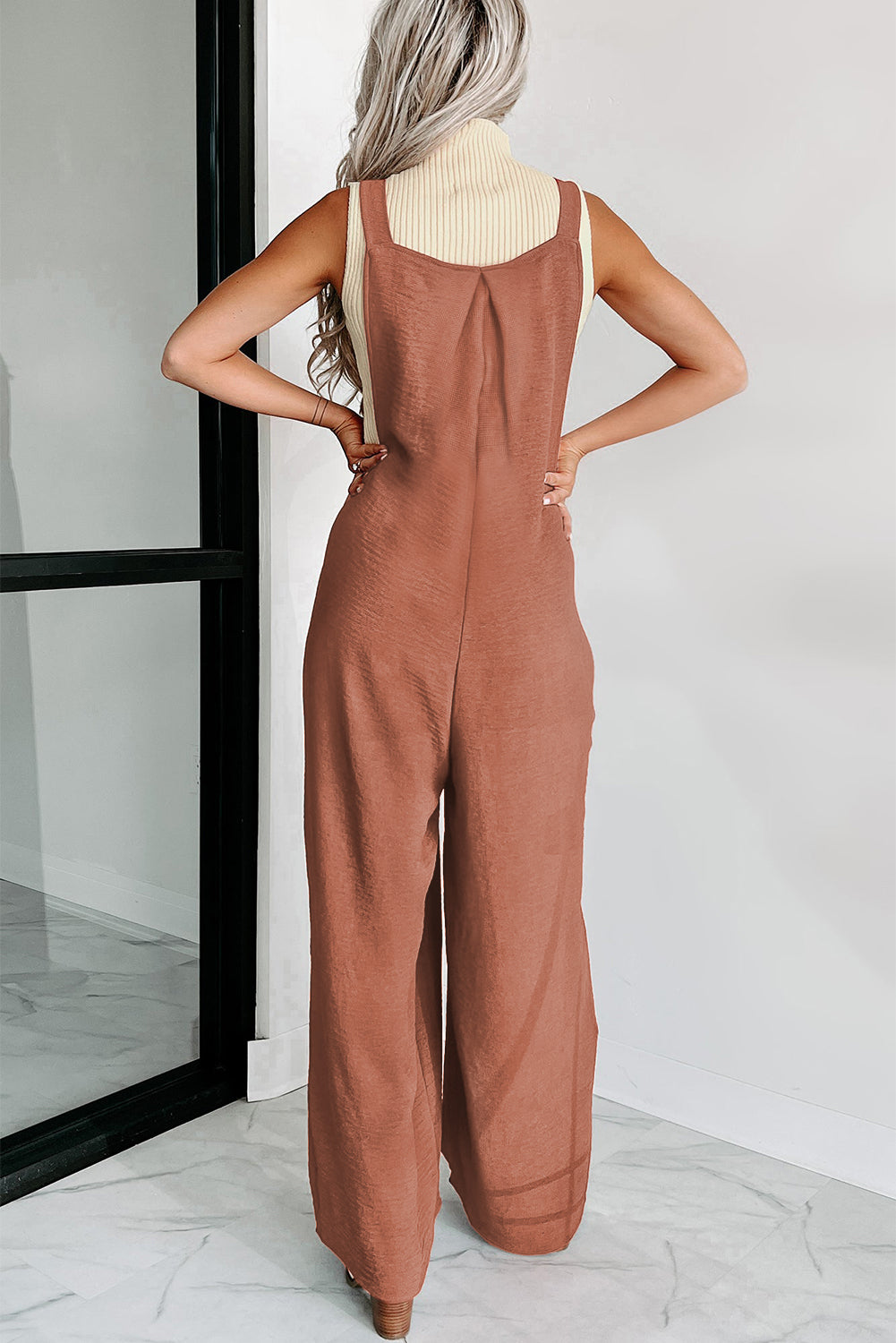 Gold Flame Textured Buttoned Straps Ruched Wide Leg Jumpsuit Dear-Lover Dropshipping