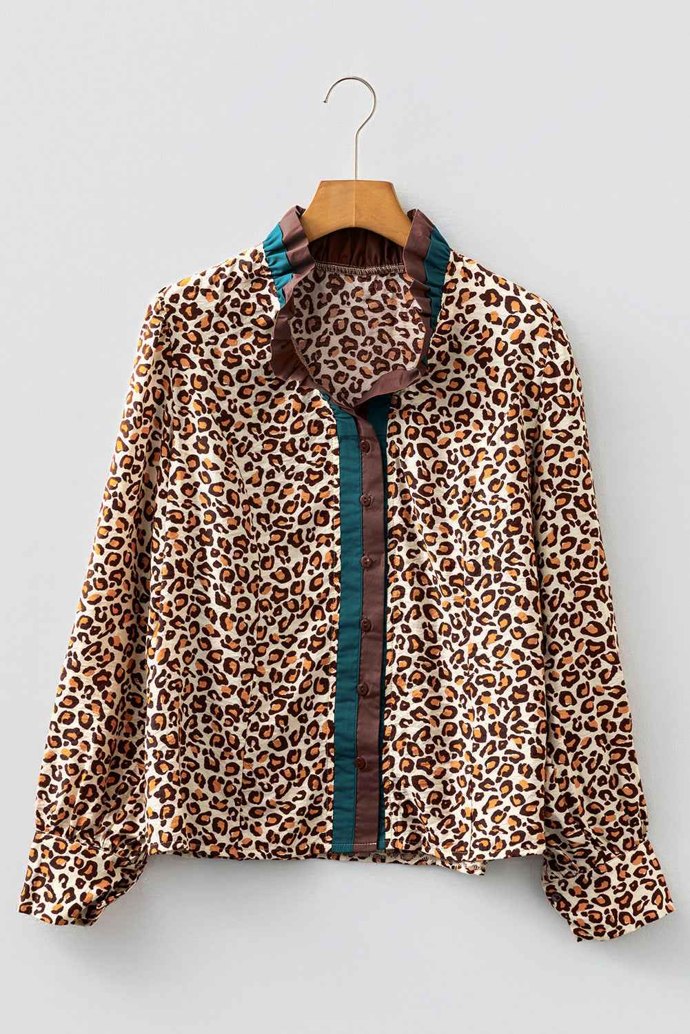 Brown Leopard Print Contrast Frilled Trim Button Down V Neck Shirt