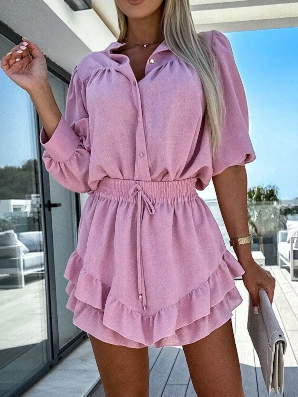 Button Up Top and Ruffled Skirt Set.
