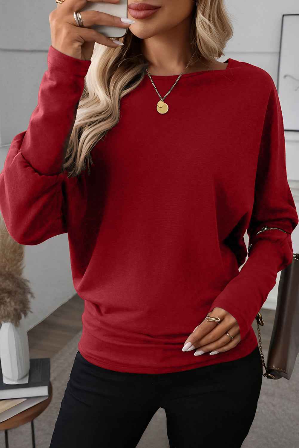 Red Dahlia Solid Color Extended Cuffs Long Sleeve Top