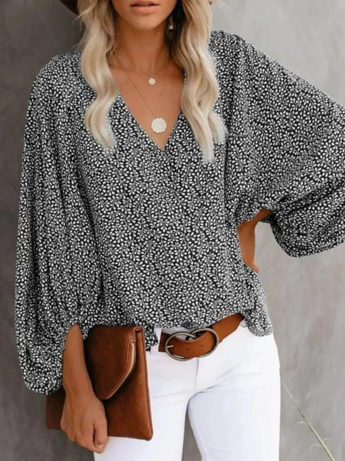 Printed V-Neck Long Sleeve Blouse.