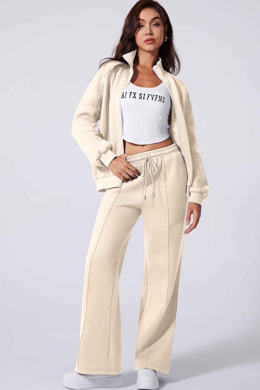 Beige Drop Shoulder Zip Up Jacket Drawstring Pants Active 2pcs Set