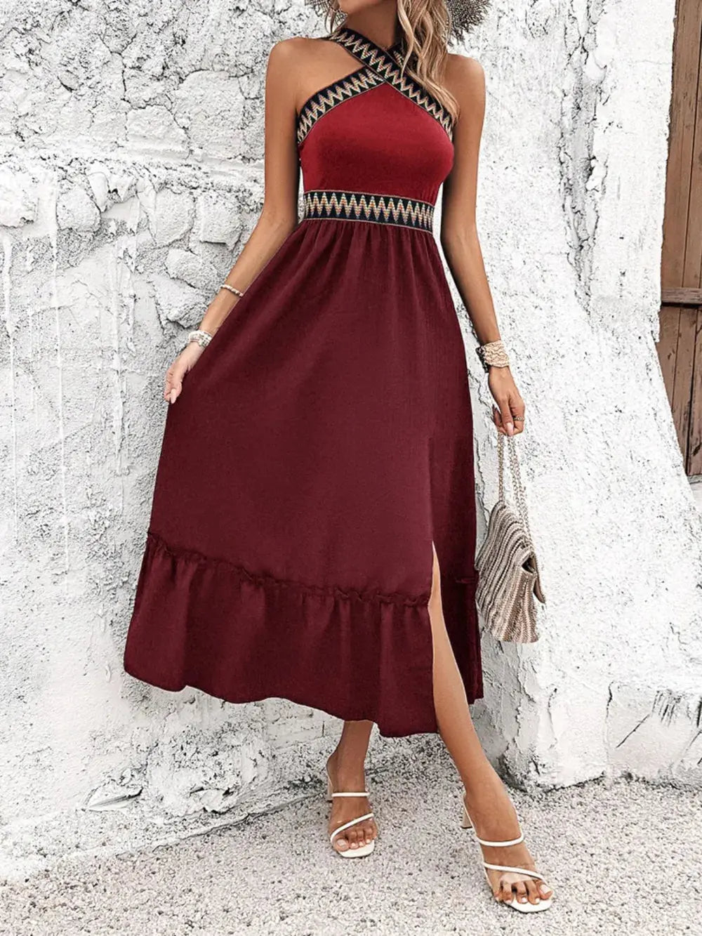 Devine Ruffled Slit Sleeveless Midi Dress.