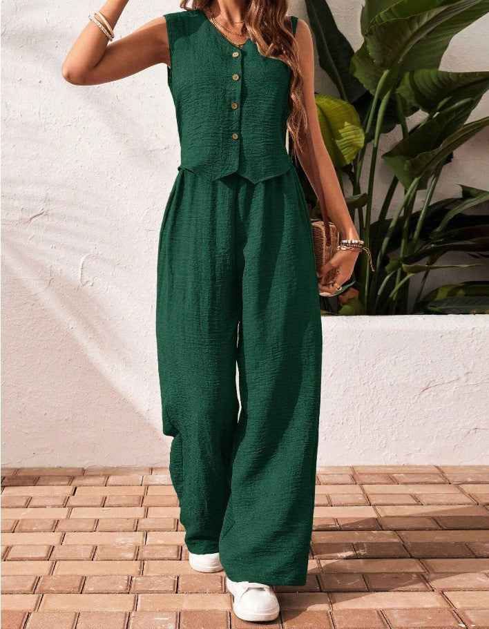 Linen Leisure Commute Front Button Vest And Trousers