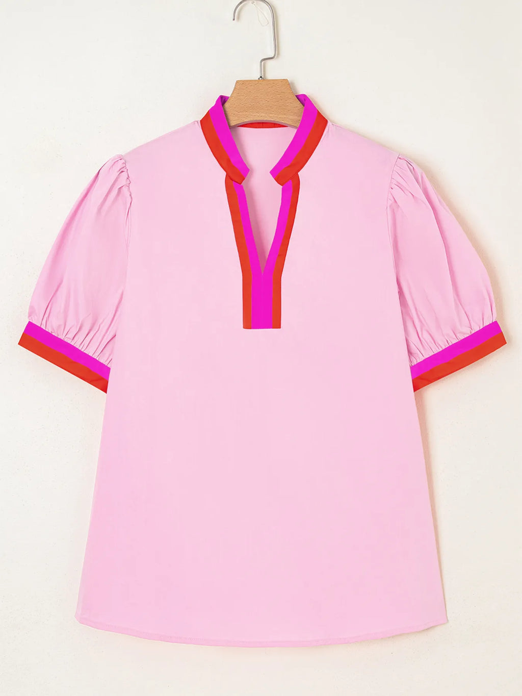 Contrast Trim Notched Short Sleeve Blouse.