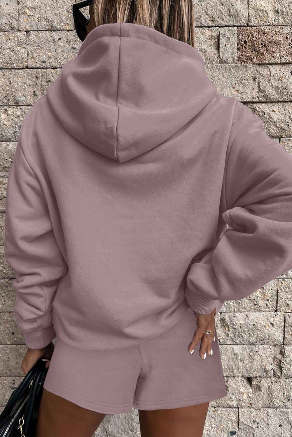 Valerian Button Drawstring Hooded Pullover and Casual Short Set