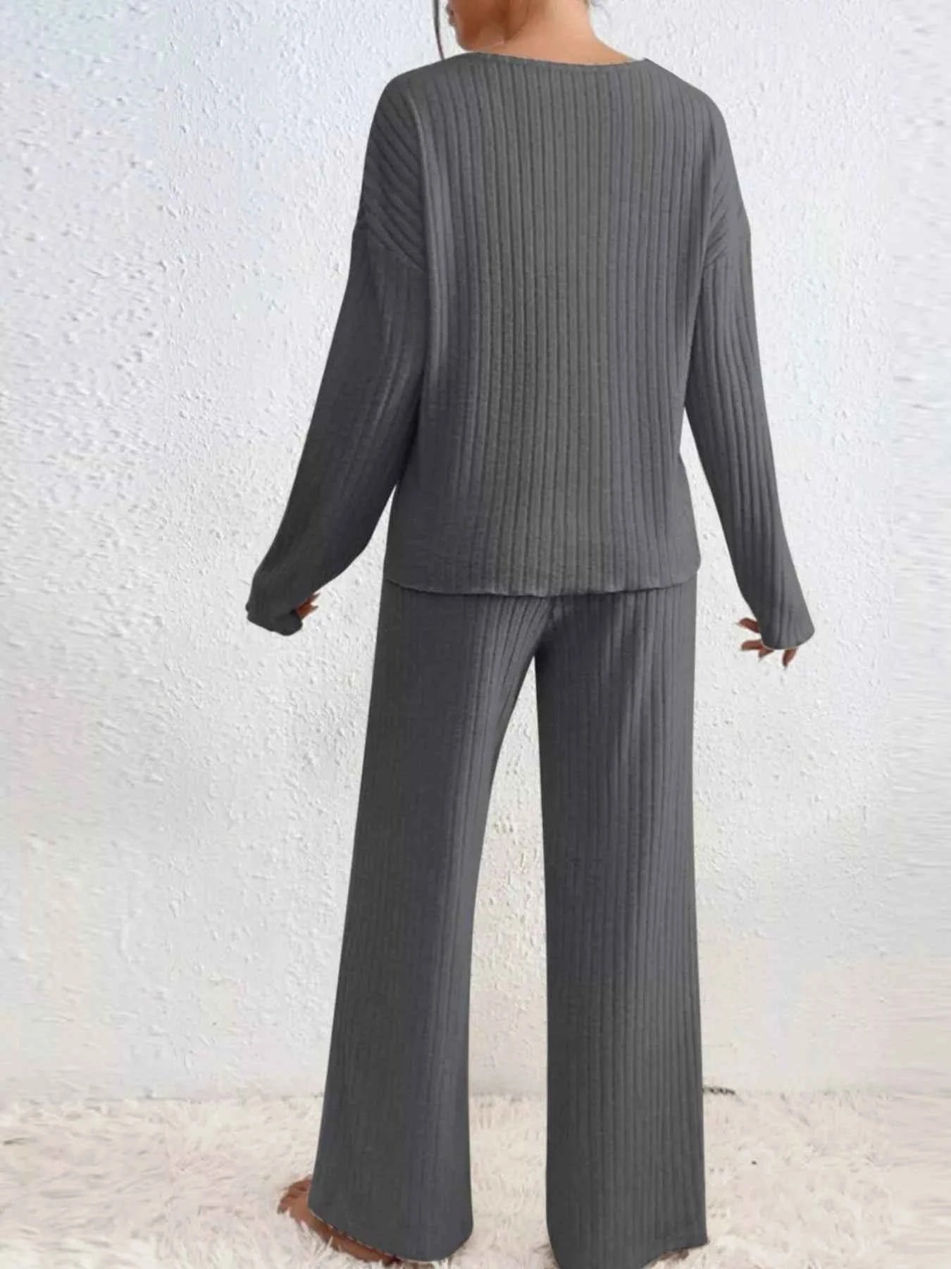 Ribbed V-Neck Top and Pants Set