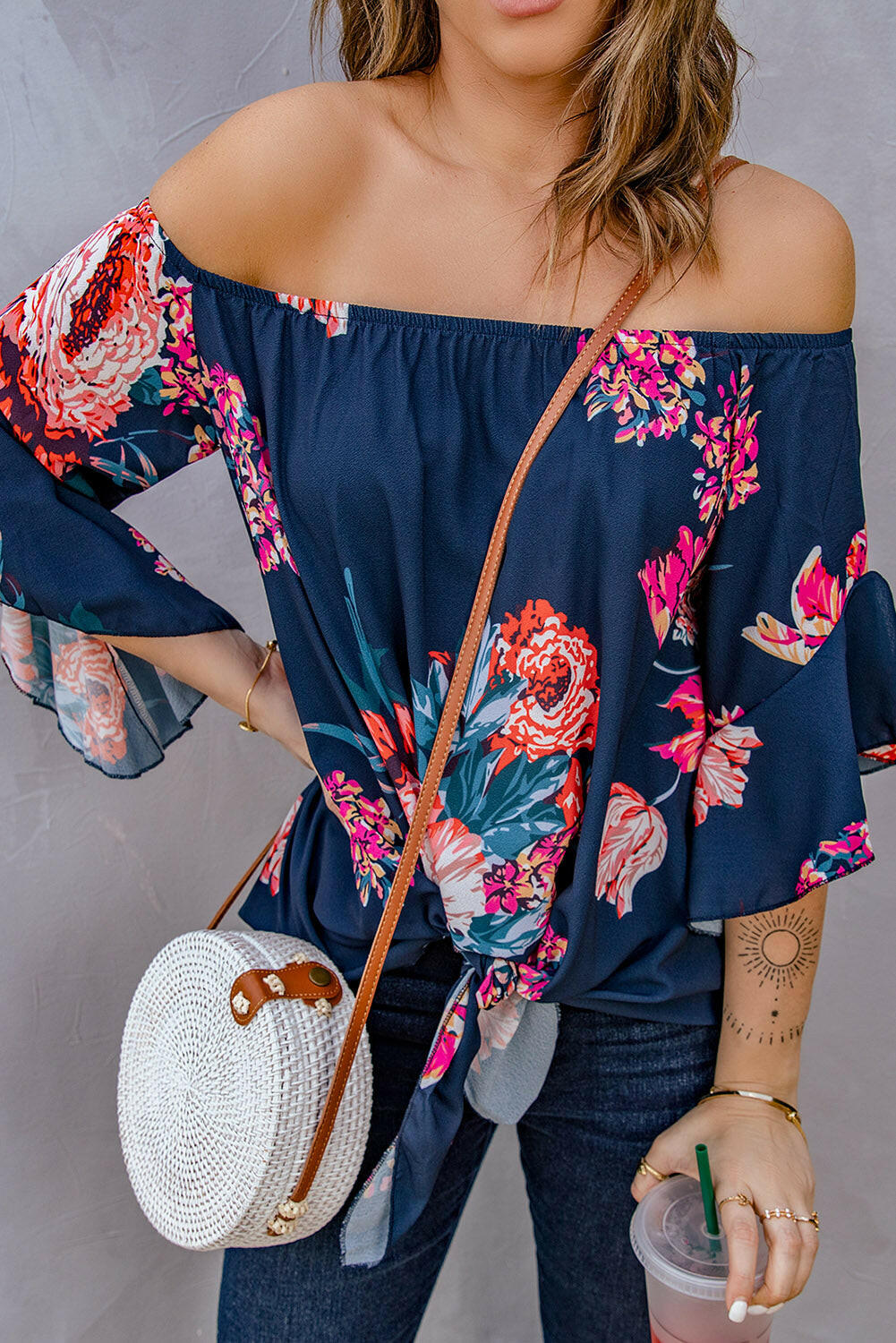Printed Off-Shoulder Flounce Sleeve Top.