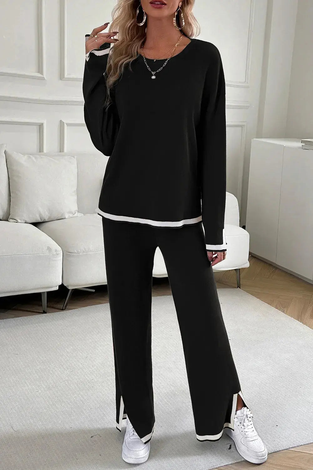 Devine Contrast Trim Round Neck Top and Pants Set.