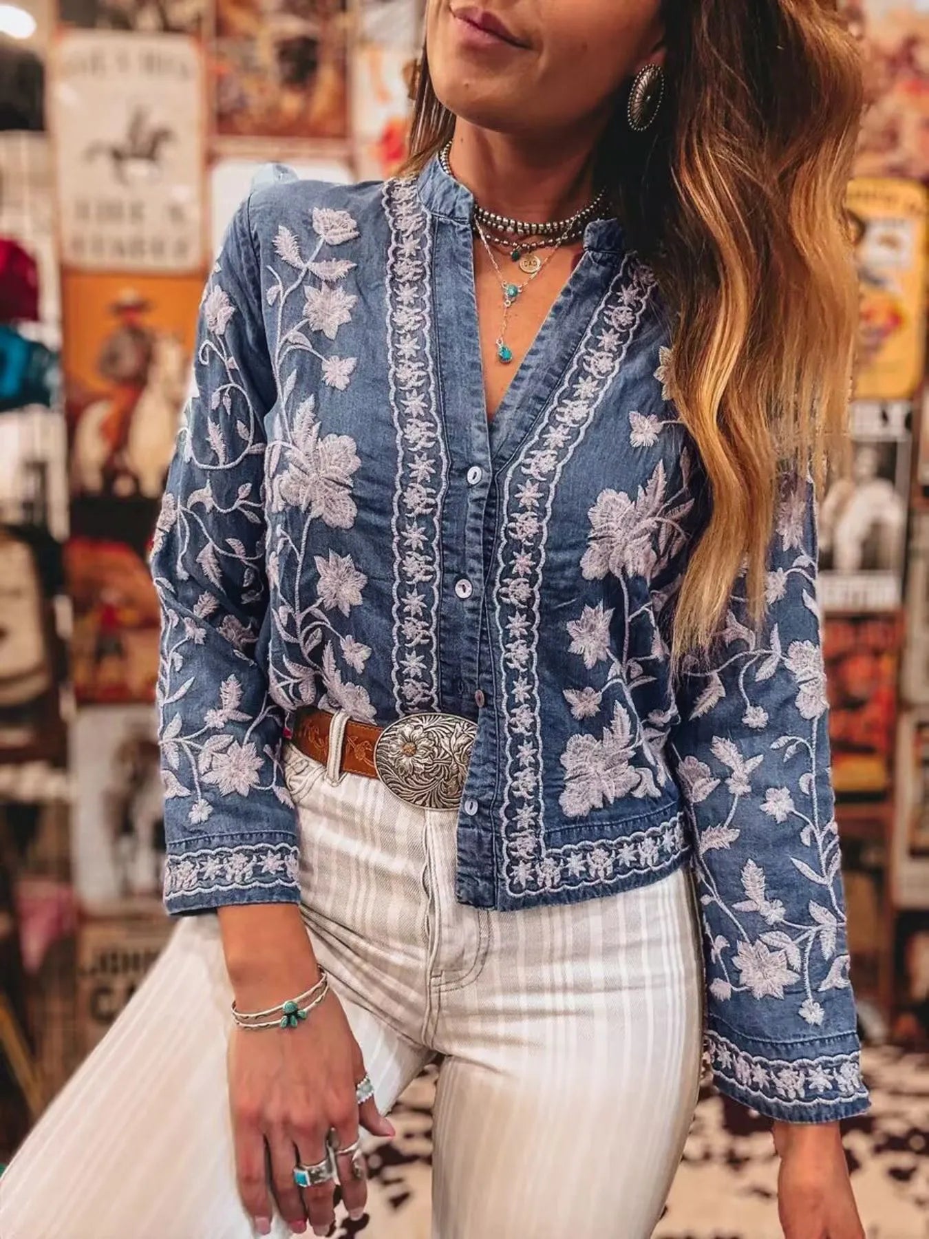 Floral Embroidered Button Up Denim Shirt.