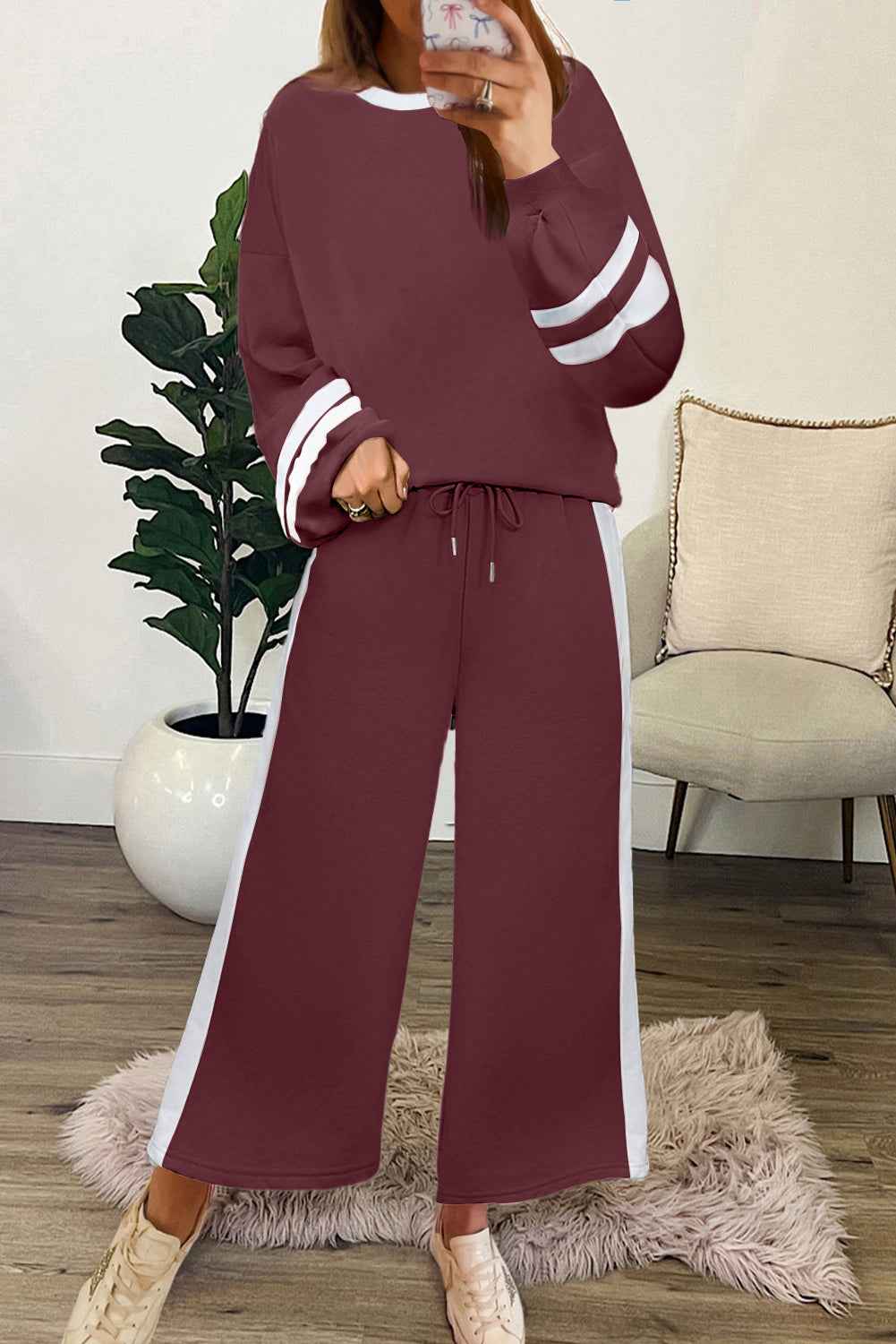Mineral Red Varsity Stripe Patchwork Puff Sleeve Pullover Drawstring Wide Leg Pant Set