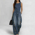 High-waisted Loose-fit Cutout Metal-detail Denim Jumpsuit