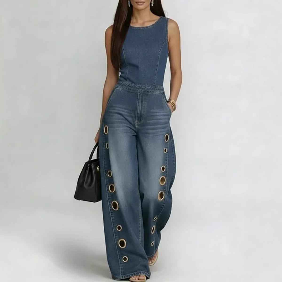 High-waisted Loose-fit Cutout Metal-detail Denim Jumpsuit