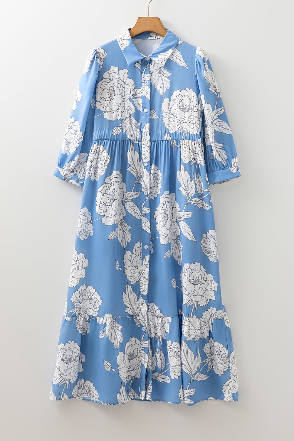 Sky Blue Floral Print Shirt Collar Button Down 3/4 Sleeve Ruffle Hem Long Dress Dear-Lover Dropshipping