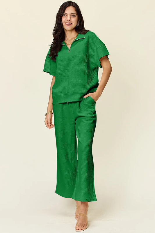 Double Take Full Size Texture Half Zip Short Sleeve Top and Pants Set - CHIC TB