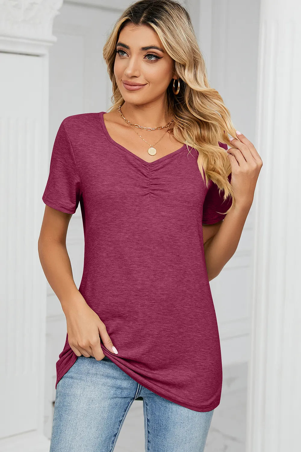 Ruched Heathered Short Sleeve T-Shirt.