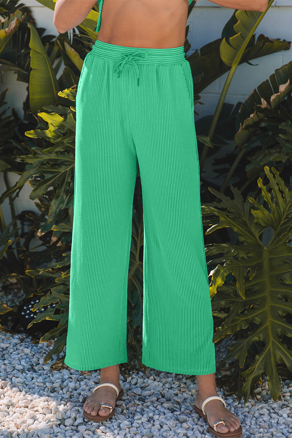 Bright Green Solid Corded Knit Short Sleeve T Shirt and Wide Leg Pants Set Dear-Lover Dropshipping