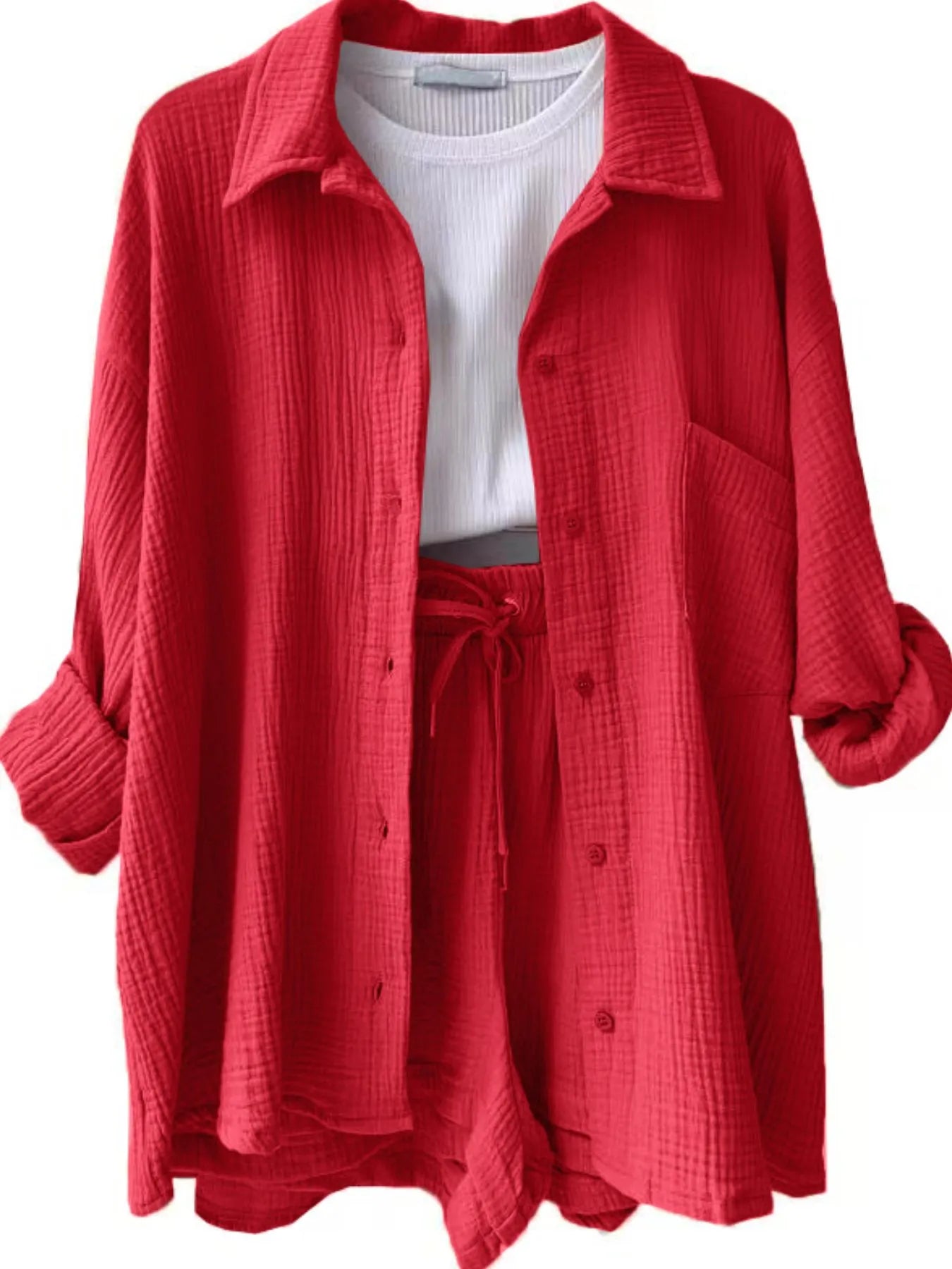 Textured Button Up Shirt and Shorts Set.