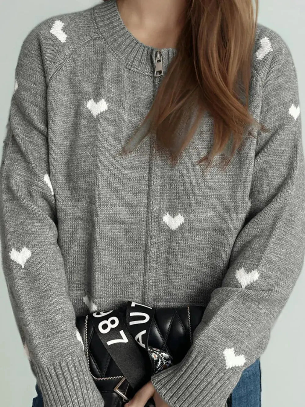 Heart Round Neck Zip Up Cardigan.