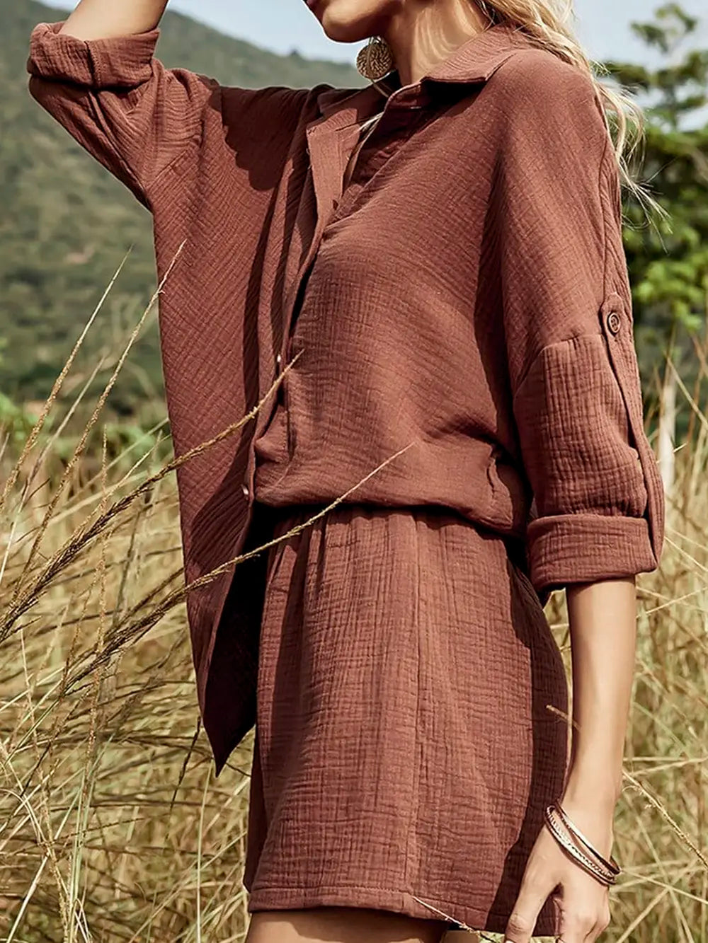 Texture Button Up Shirt and Shorts Set - CHIC TB