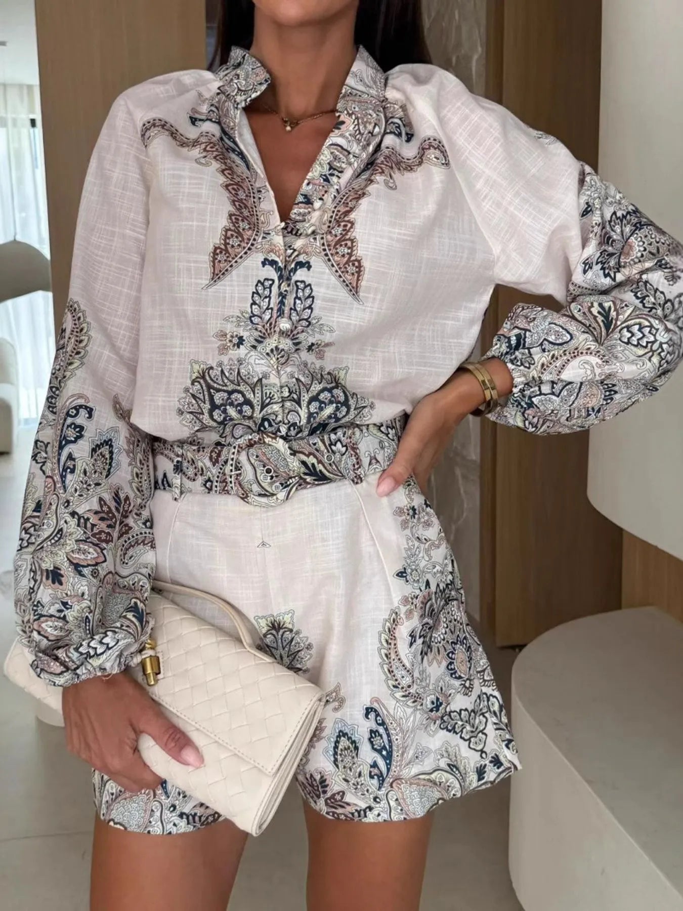 Long Sleeve Shirt and Shorts Set for women.