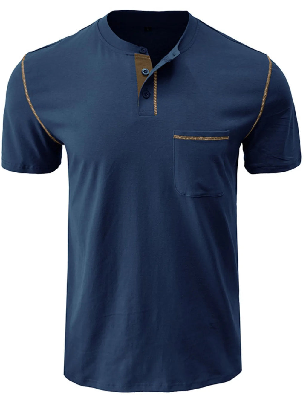 Men's Full Size Casual Henley T-Shirt with Contrast Stitching and Pocket Plus Size.