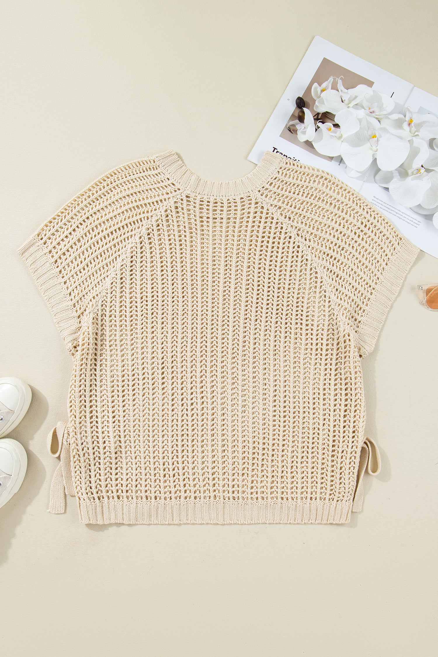 Apricot Plus Size Open Knit Bow Tie Short Sleeve Sweater