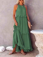 Elegant Halter Neck Ruffled Long Holiday Maxi Dress For Casual Outings