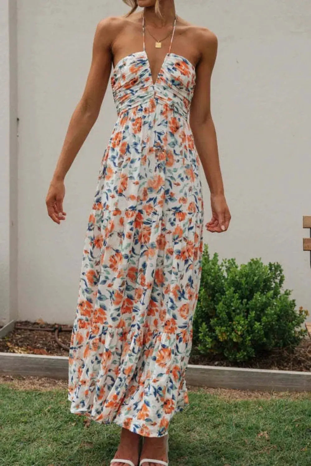 Floral Halter Neck Tiered Maxi Dress.