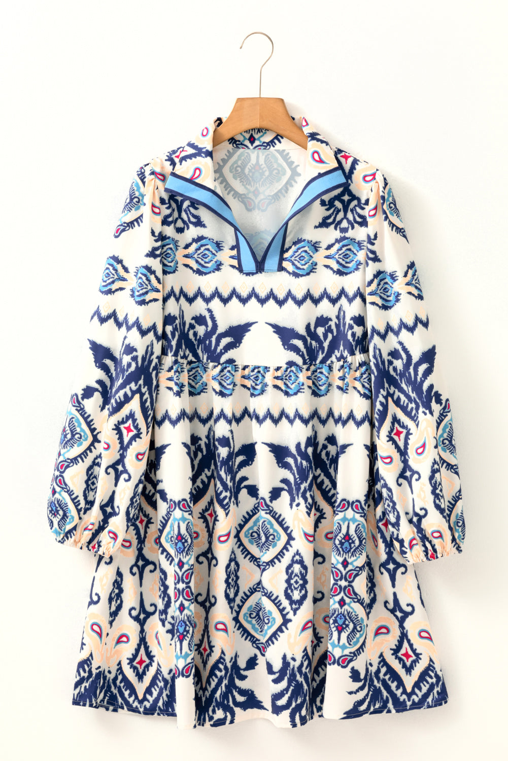 Blue Ethnic Print Striped Split Neck Long Sleeve Flowy Mini Dress Dear-Lover Dropshipping