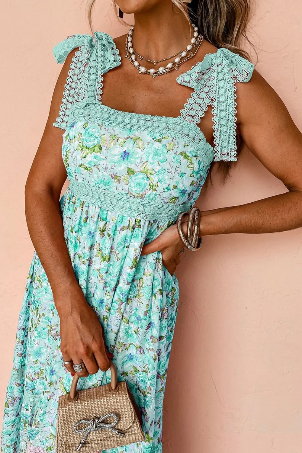 Bow Shoulders lace Square Neck Floral Dress.