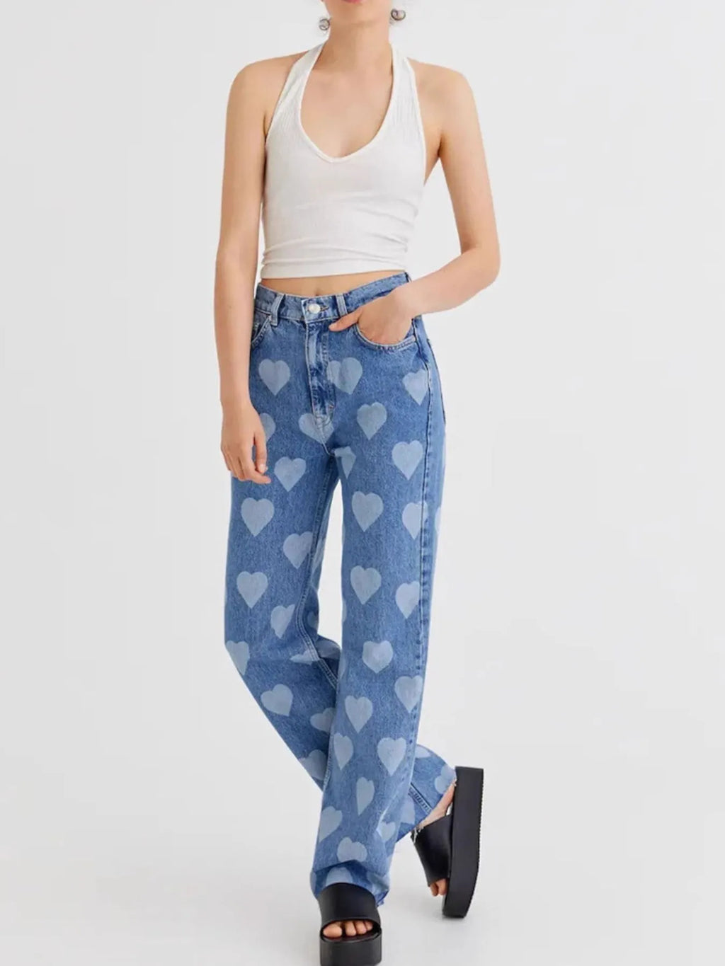 Heart Pattern High-Waist Wide Leg Jeans.