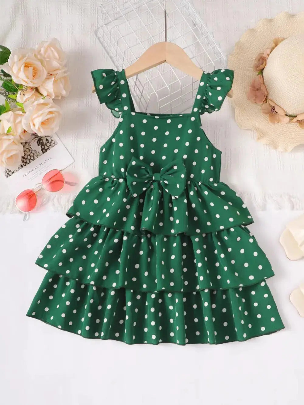 Bow Polka Dot Square Neck Layered Dress.