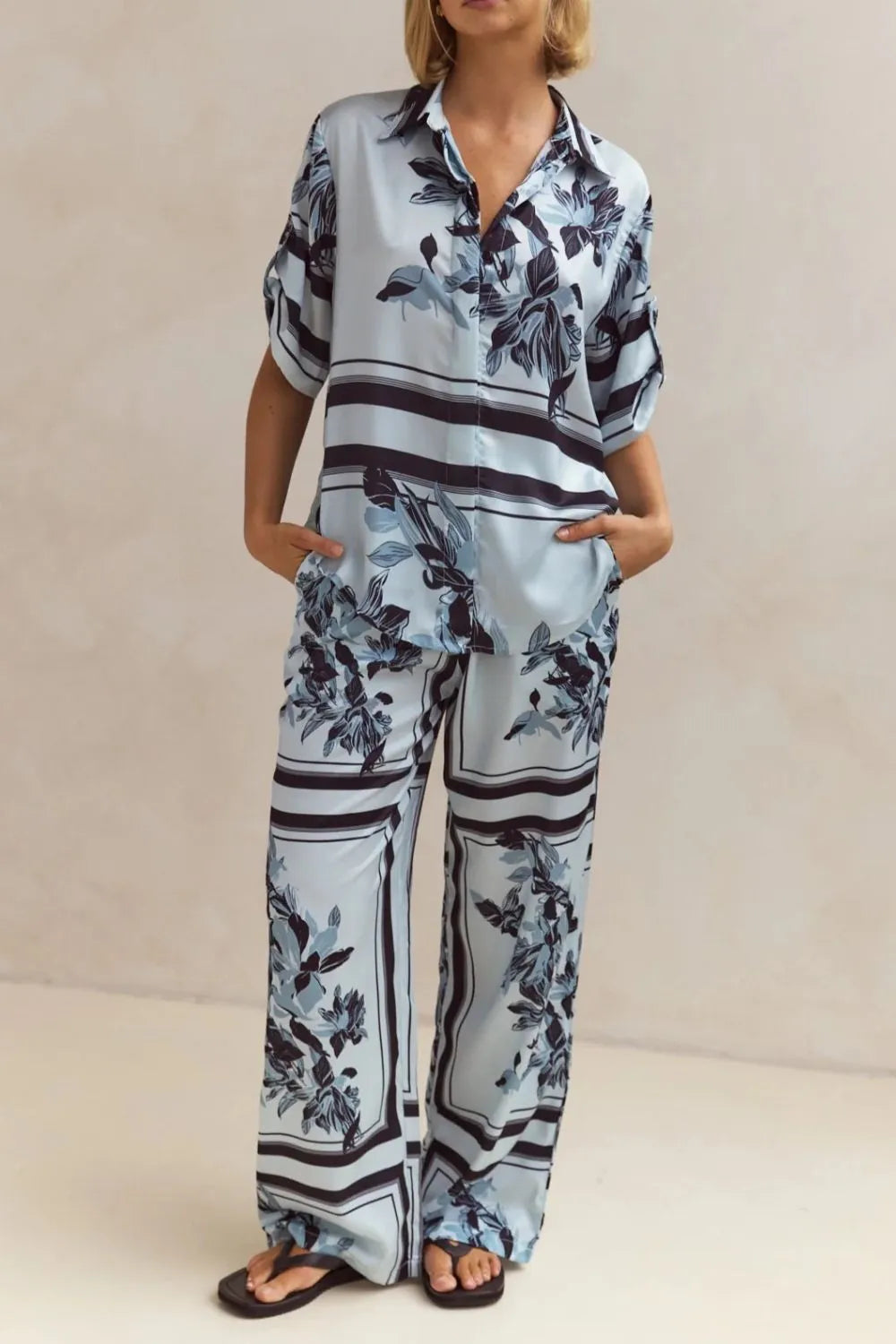 Printed Button Up Shirt and Pants Set - CHIC TB
