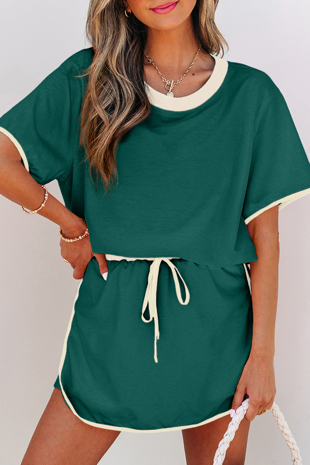 Evergreen Colorblock Edge Drop Shoulder T Shirt and Skort 2Pcs Set Dear-Lover Dropshipping