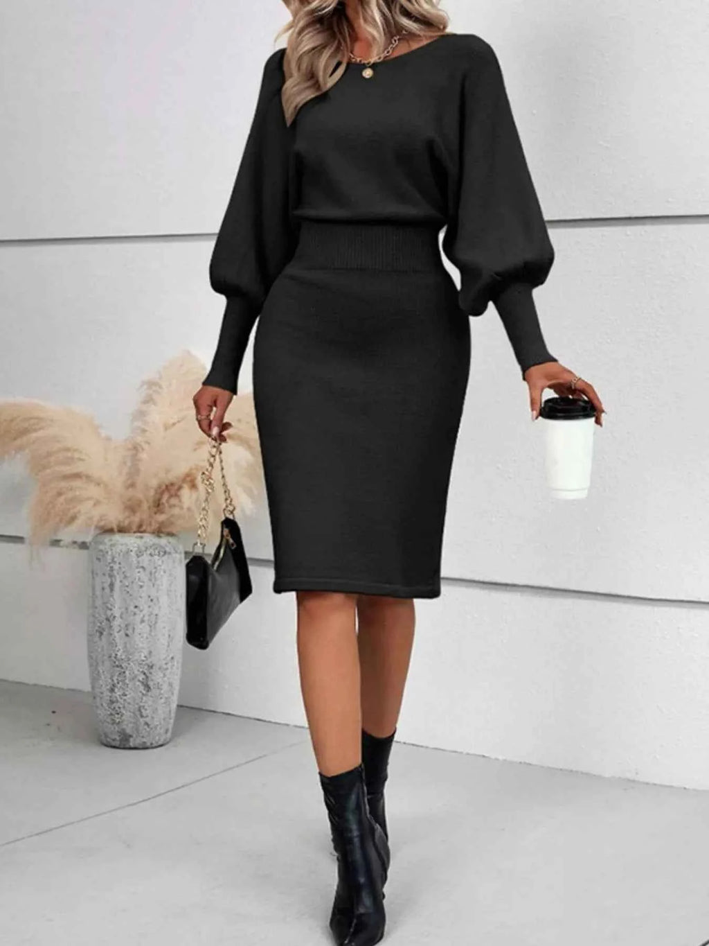 Lantern Sleeve Bodycon Sweater Dress