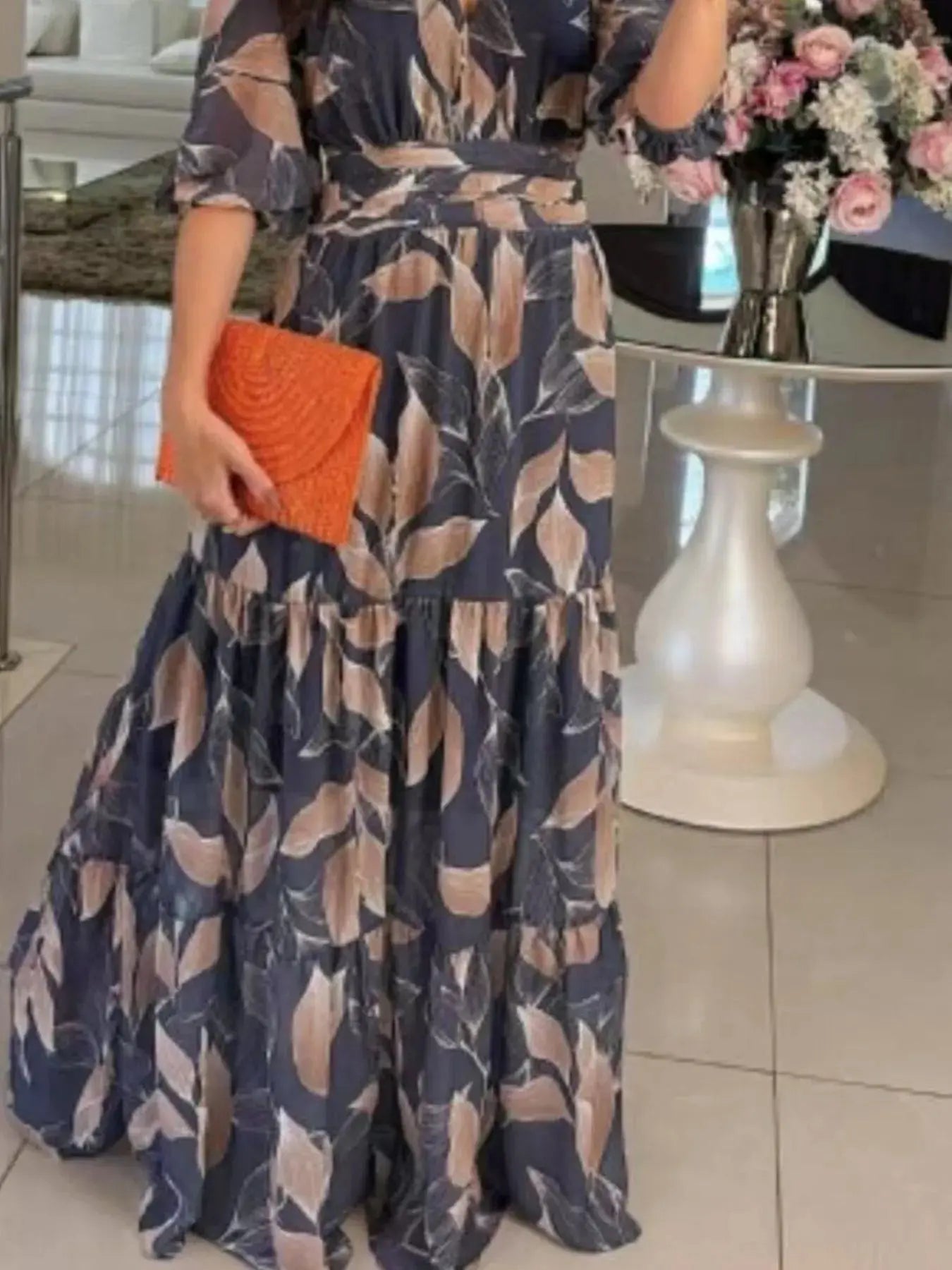 Full Size Printed V-Neck Maxi Dress with Tiered Hemline Plus Size.