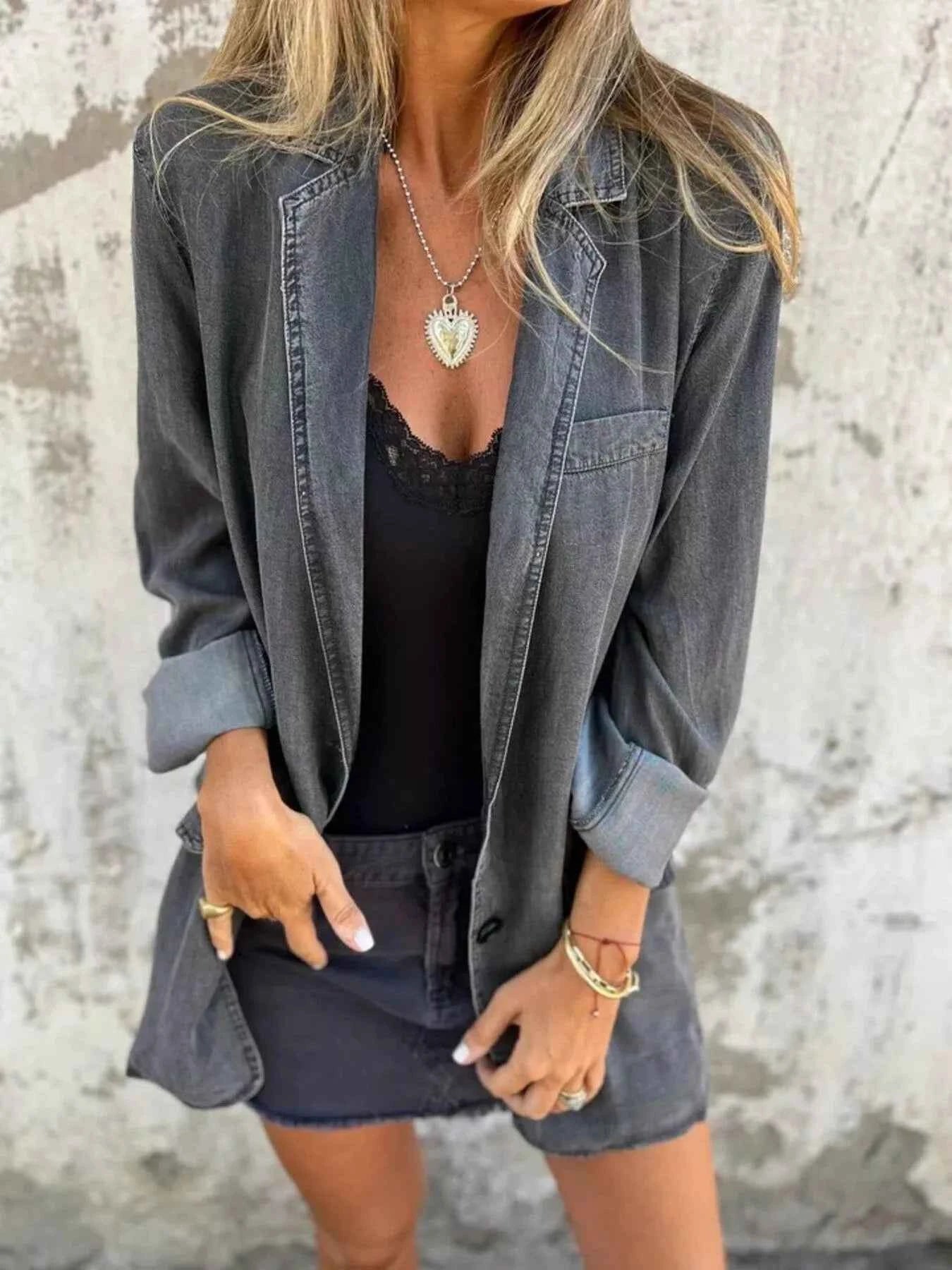 Full Size Button Down Denim Blazer Plus Size